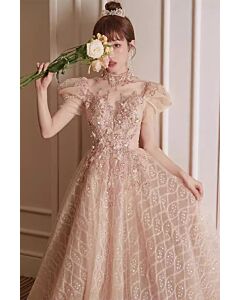 Romantic Blush Pink Embroidered Tulle Gown with Sequined Details – Perfect for Weddings and Formal Events
