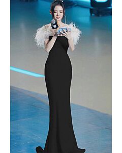 Chic Black Mermaid Dress with Feathered Shoulders for Glamorous Evenings