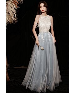 Blue Tulle Evening Gown with Beaded Bodice and Strappy Details