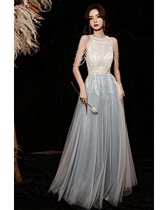 Celestial Blue Beaded Evening Gown – Luxe Sheer Sleeved Tulle Dress for Formal Events