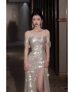 Glittering Off-Shoulder Sequin Gown with High Slit – Sparkling Evening Elegance