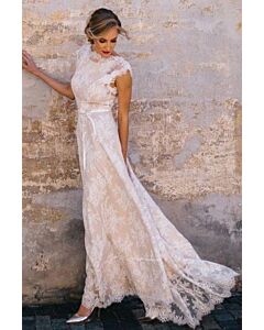 High-Neck Lace A-Line Gown with Long Train for Formal Events
