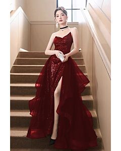 Burgundy Sequin High Slit Gown with Ruffled Overlay – Perfect for Prom and Evening Events