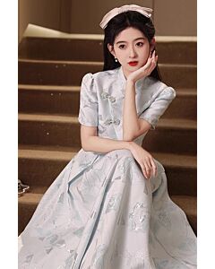 Silver Jacquard Mandarin-Collar Gown with Puff Sleeves – Perfect for Weddings and Formal Events