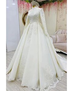 High-Neck Long-Sleeve Lace Ball Gown with Long Train for Formal Events