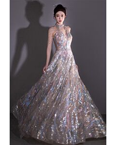 Iridescent Halter-Neck A-Line Gown with Sheer Bodice – Perfect for Galas and Formal Events