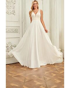 V-Neck Lace Bodice Flowy Tulle Gown with Long Train for Formal Events