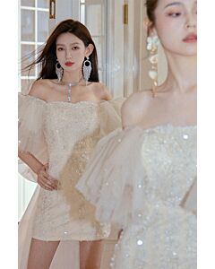Enchanted Elegance – Beaded Tulle Mini Dress with Sheer Sleeves and Crystal Accents