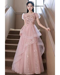 Elegant Pink Sequin Tulle Dress with Floral Embellishments – Perfect for Formal Events