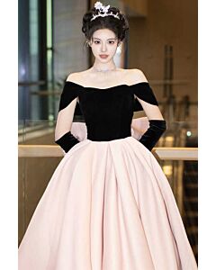 Pink Satin Off-Shoulder Ball Gown with Velvet Bodice and Long Gloves - Ideal for Proms and Royal Events