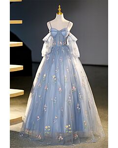 Whimsical Light Blue Floral Embroidered Tulle Ball Gown – Perfect for Fairytale Weddings and Special Occasions