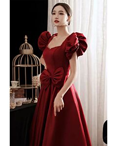 Burgundy Puff-Sleeve Bow Gown – Perfect for Weddings and Grand Occasions