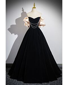 Velvet Whisper – Strapless Ball Gown with Pearl Drapes