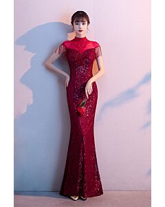 Glamorous Champagne Fringe Gown – Sparkling Sequin Mermaid Dress with High Neck & Beaded Tassels