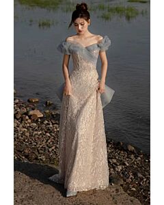 Champagne Lace Off-Shoulder Gown with Tulle Ruffle – Perfect for Weddings and Formal Events