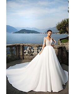 Long-Sleeve  Illusion Neckline Ball Gown with Long Train for Formal Events