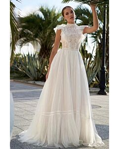 High-Neck Lace Bodice Ball Gown with Long Train for Formal Events