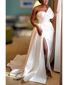 One-Shoulder Satin Gown with High Slit and Long Train for Formal Events