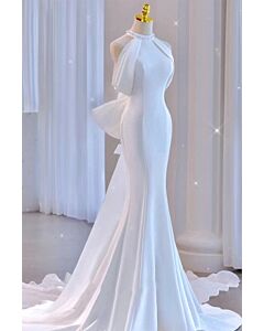 Elegant White Pearl-Embellished Halter Mermaid Gown with Train – Perfect for Weddings