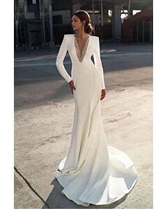 Long-Sleeve V-Neck Mermaid Gown with Long Train for Evening Events