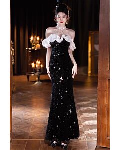 Black Sequin Halter Gown with White Ruffle – Perfect for Evening Galas
