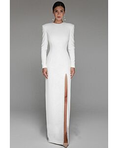 White High-Neck Long Sleeve Gown with Side Slit
