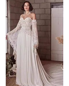 Off-the-Shoulder Lace Bell Sleeve Gown with Long Train for Formal Events