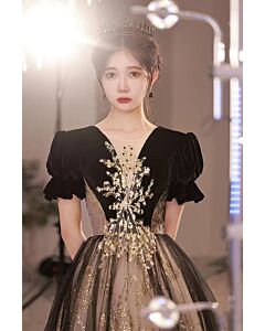 Regal Black and Gold Embroidered Evening Gown – Luxe Velvet and Tulle Dress for Royal Affairs