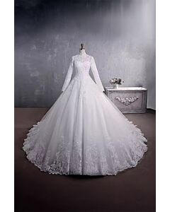 High Long-Sleeve Lace Ball Gown with Long Train for Formal Events