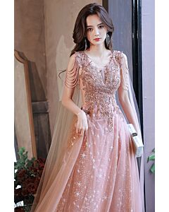 Enchanting Celestial-Inspired Evening Gown with Beaded Details and Dreamy Cape Sleeves