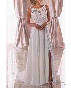 Lace Illusion Neckline A-Line Gown with High Slit and Long Train for Formal Events
