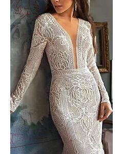 Deep V-Neck Long-Sleeve Lace Mermaid Gown with Long Train for Formal Events