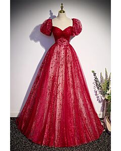Glamorous Red Sequin Ball Gown with Puff Sleeves – Perfect for Galas and Formal Events