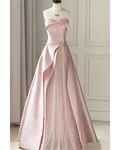 Chic Light Pink Strapless A-Line Evening Gown - Elegant Overlay Dress with Sheer Layer for Engagement and Formal Occasions