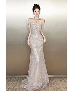Silver Sparkling Off-the-Shoulder Mermaid Gown – Perfect for Weddings and Formal Soirees