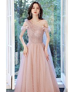 Blush Pink Off-Shoulder Tulle Gown with Pearl Accents – Elegant Evening Dress