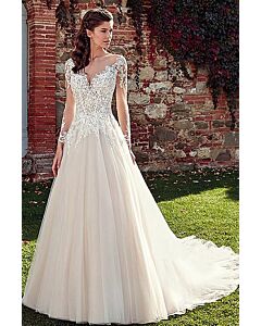 Lace Illusion Neckline Long-Sleeve Tulle Ball Gown with Long Train for Formal Events