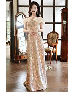 Champagne Sequin Gown with Ruffled Off-Shoulder Detail – Perfect for Weddings and Evening Events