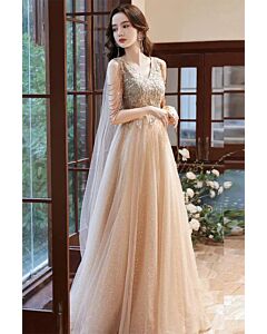 Enchanting Champagne Beaded Evening Gown – Luxe Cold-Shoulder Dress with Flowing Tulle for Formal Events