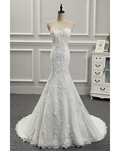 Timeless Strapless Lace Mermaid Wedding Dress with Floral Appliqué and Train