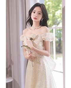 Enchanting Champagne Sequin Gown with Romantic Off-Shoulder Detail