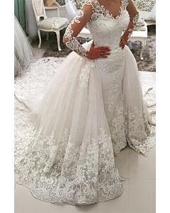 Long-Sleeve Lace Mermaid Gown with Detachable Tulle Overskirt for Formal Events