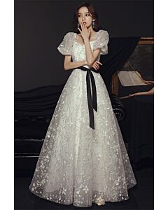 Moonlit Lace Ball Gown – Elegant White Floral Dress with Puff Sleeves & Black Ribbon