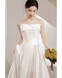 Ivory Asymmetric Strapless Satin Gown with Sheer Tulle Panel – Perfect for Weddings