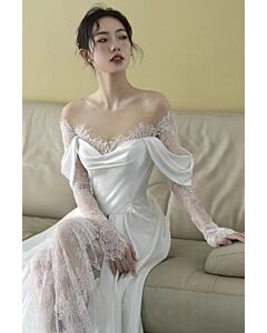 Off-the-Shoulder Lace Trim High-Low Gown with Long Train for Formal Events