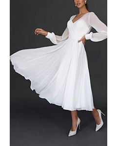 White Long Sleeve V-Neck Chiffon Midi Dress
