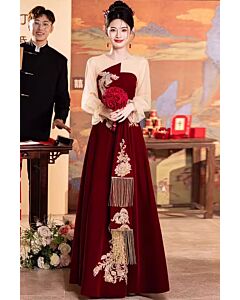 Elegant Chinese-Inspired Burgundy Wedding Dress with Floral Embroidery and Tassels