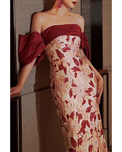 Red & Pink Floral Off-the-Shoulder Satin Gown – Perfect for Weddings and Formal Soirees