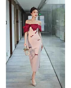 Chic Off-Shoulder Dress with Bow Accents and Elegant Red Overlay