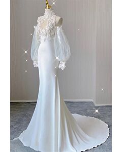 Chic White Off-Shoulder Gown with Lace Bodice and Elegant Puffed Sleeves for Weddings and Special Occasions